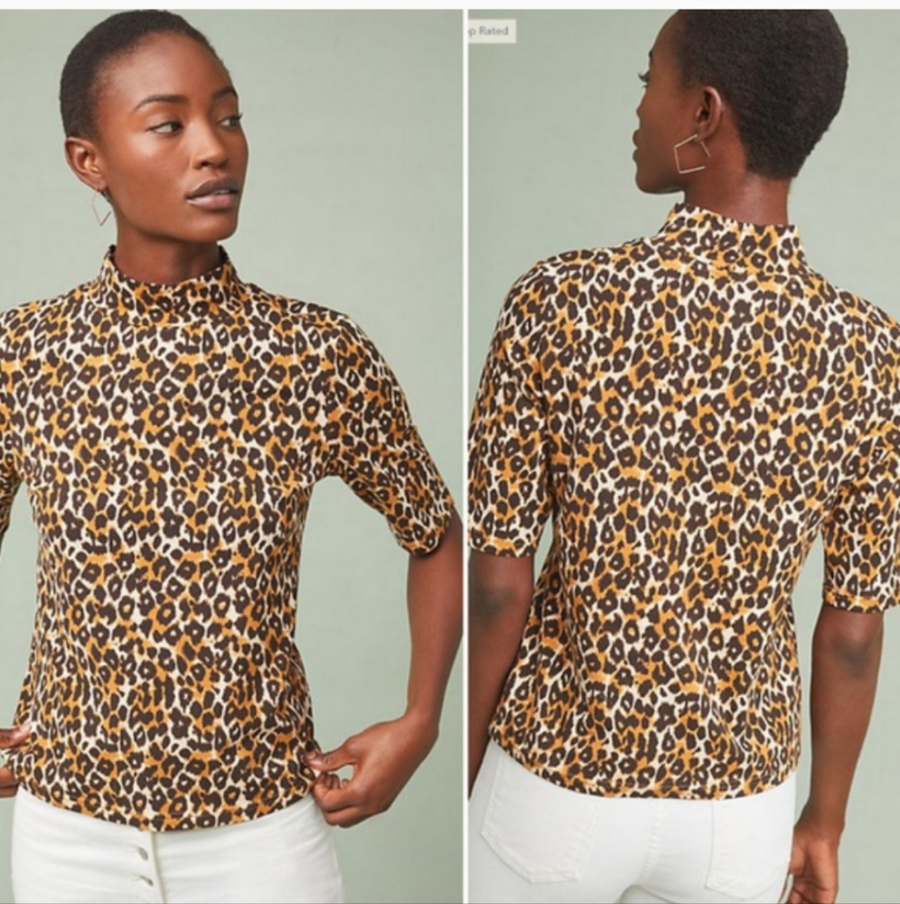 Anthropologie Mock Neck Leopard Cheetah Print Shirt
